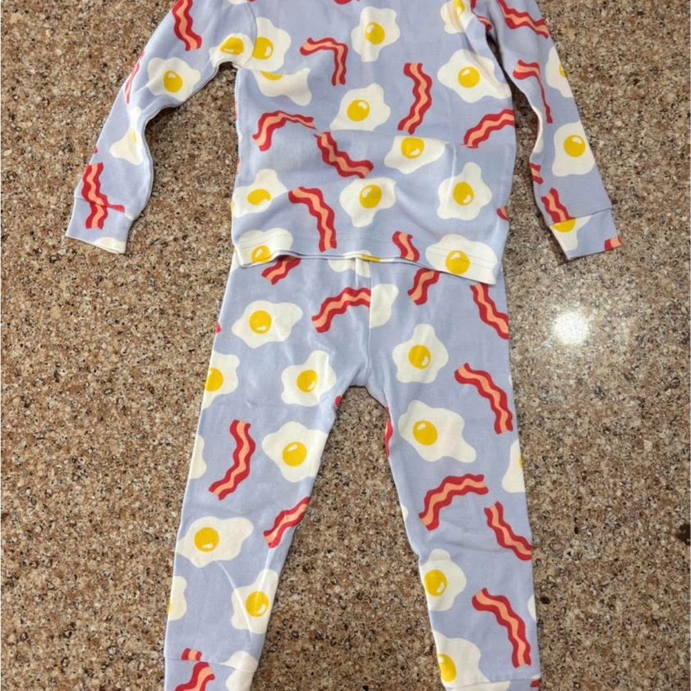 GAP Light Blue Kids Footie Pajamas with Egg & Bacon Print